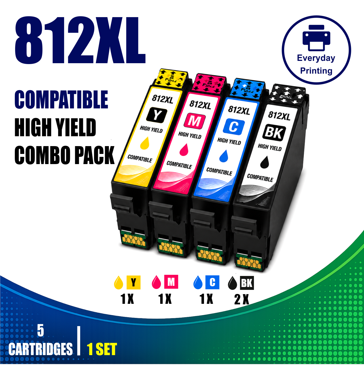 Epson 812XL Compatible Value Combo Pack (5 Cartridges) Epson 812XL Compatible Ink Cartridges 5 Colours Value Pack containing 2 Black, 1 Cyan, 1 Magenta and 1 Yellow compatible ink cartridges.