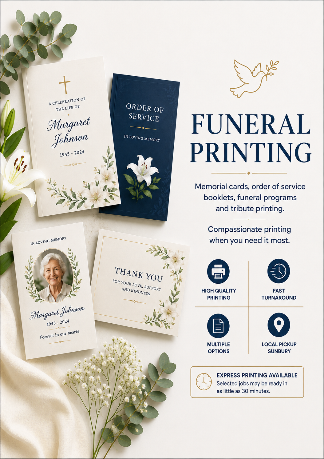 Funeral printing services in Sunbury including memorial cards, order of service booklets and tribute printing.
