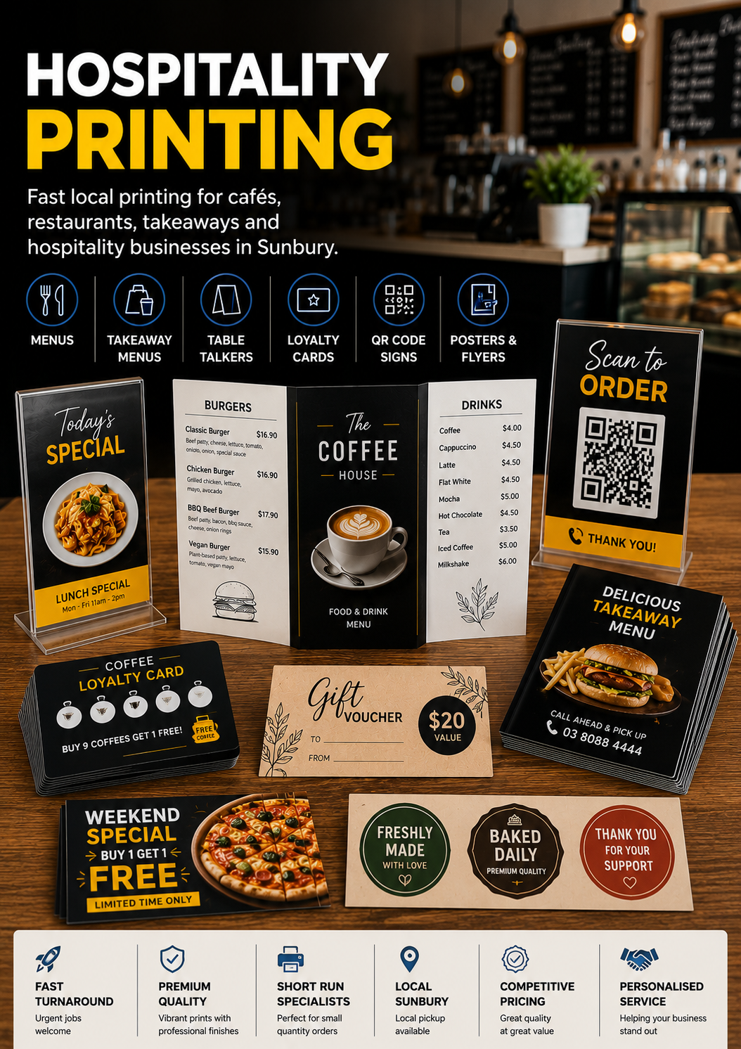 Hospitality printing services in Sunbury including menus, loyalty cards, flyers, QR signs and posters.
