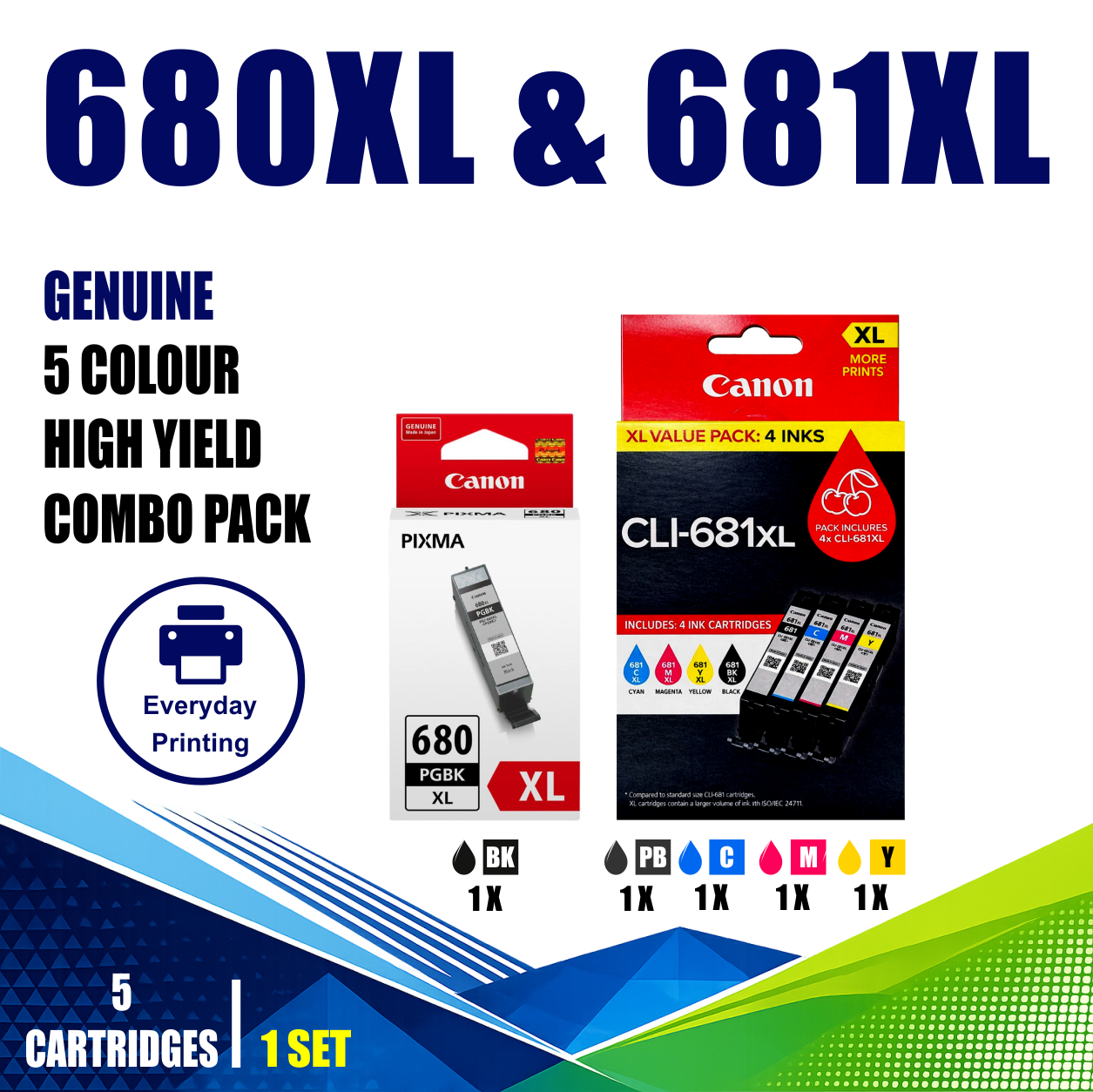 Canon PGI-680XL & CLI-681XL Genuine High Yield 5 Colour Value Pack (5 Cartridges) Canon PGI-680XL & CLI-681XL Genuine High Yield 5 Colour Value Pack (5 Cartridges)