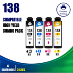 Epson 138 Compatible Ink Cartridges – 4 Colours Value Pack – 3 Pack Value Bundle (12 Cartridges)