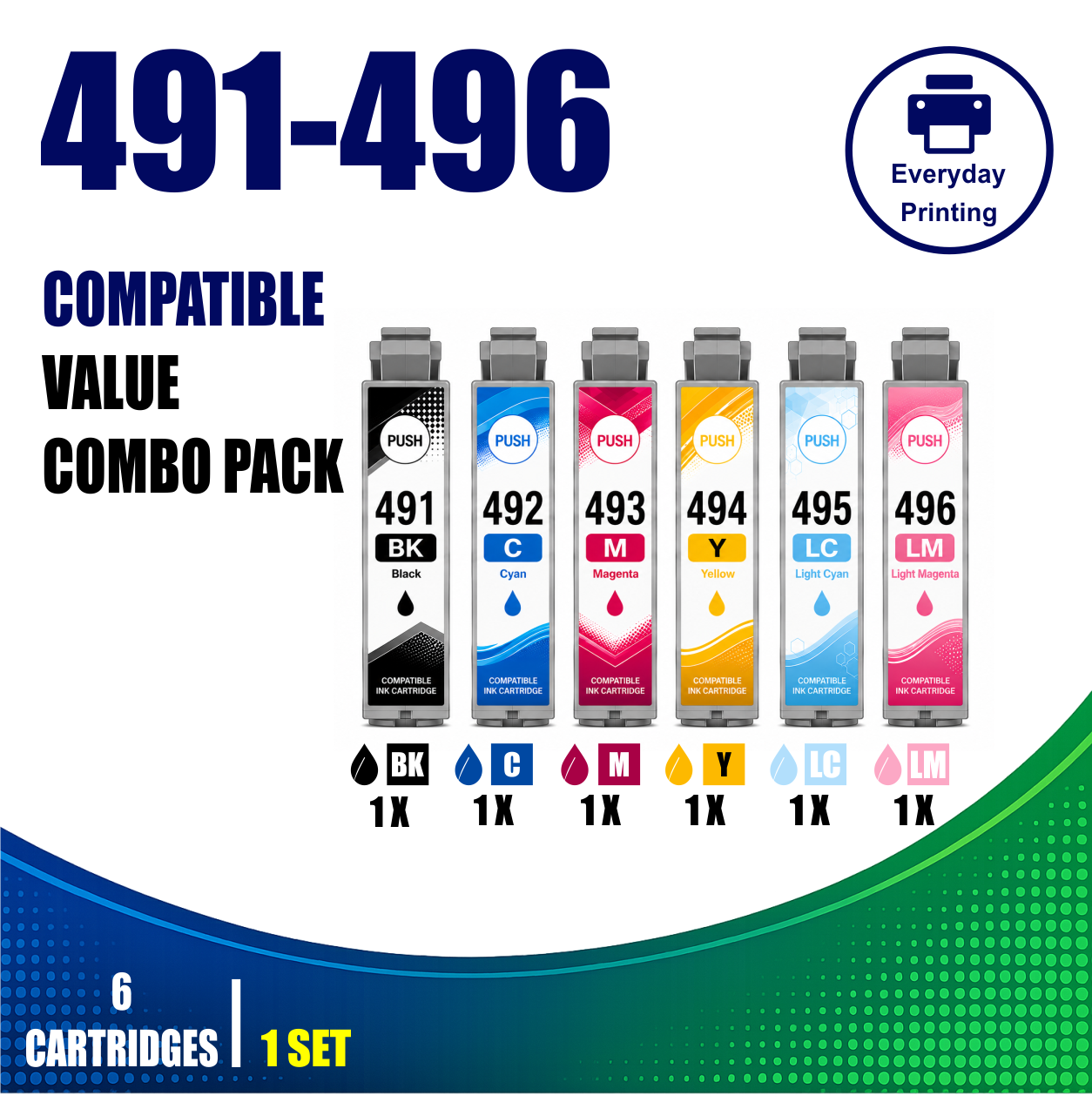 Epson T0491–T0496 Compatible Value Combo Pack (6 Cartridges) Epson T0491–T0496 Compatible Value Combo Pack (6 Cartridges) – Black, Cyan, Magenta, Yellow, Light Cyan and Light Magenta