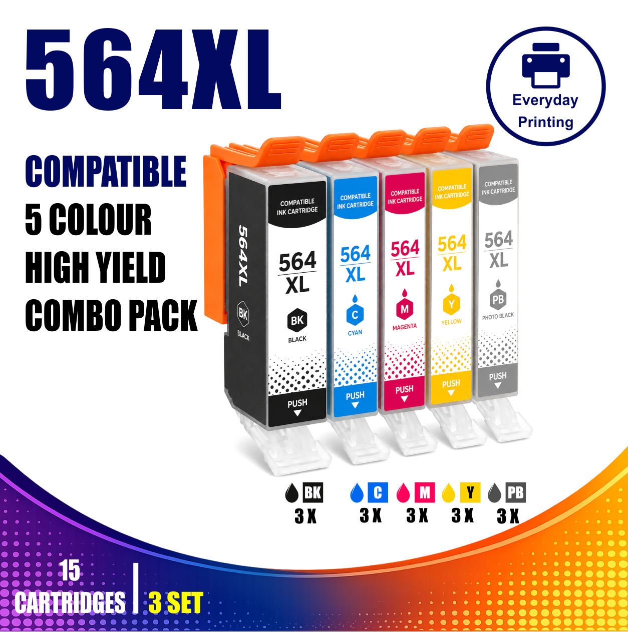 HP 564XL Compatible 5 Colour Value Pack – 3 Pack Bundle (15 Cartridges) HP 564XL Compatible 5 Colour Value Pack – 3 Pack Bundle (15 Cartridges)