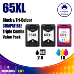 HP 65XL Compatible 2 × Black & 1 × Tri-Colour Triple Combo Value Pack (3 Cartridges)