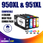 HP 950XL & 951XL Compatible 4 Colour Value Pack – 3 Pack Bundle (12 Cartridges)