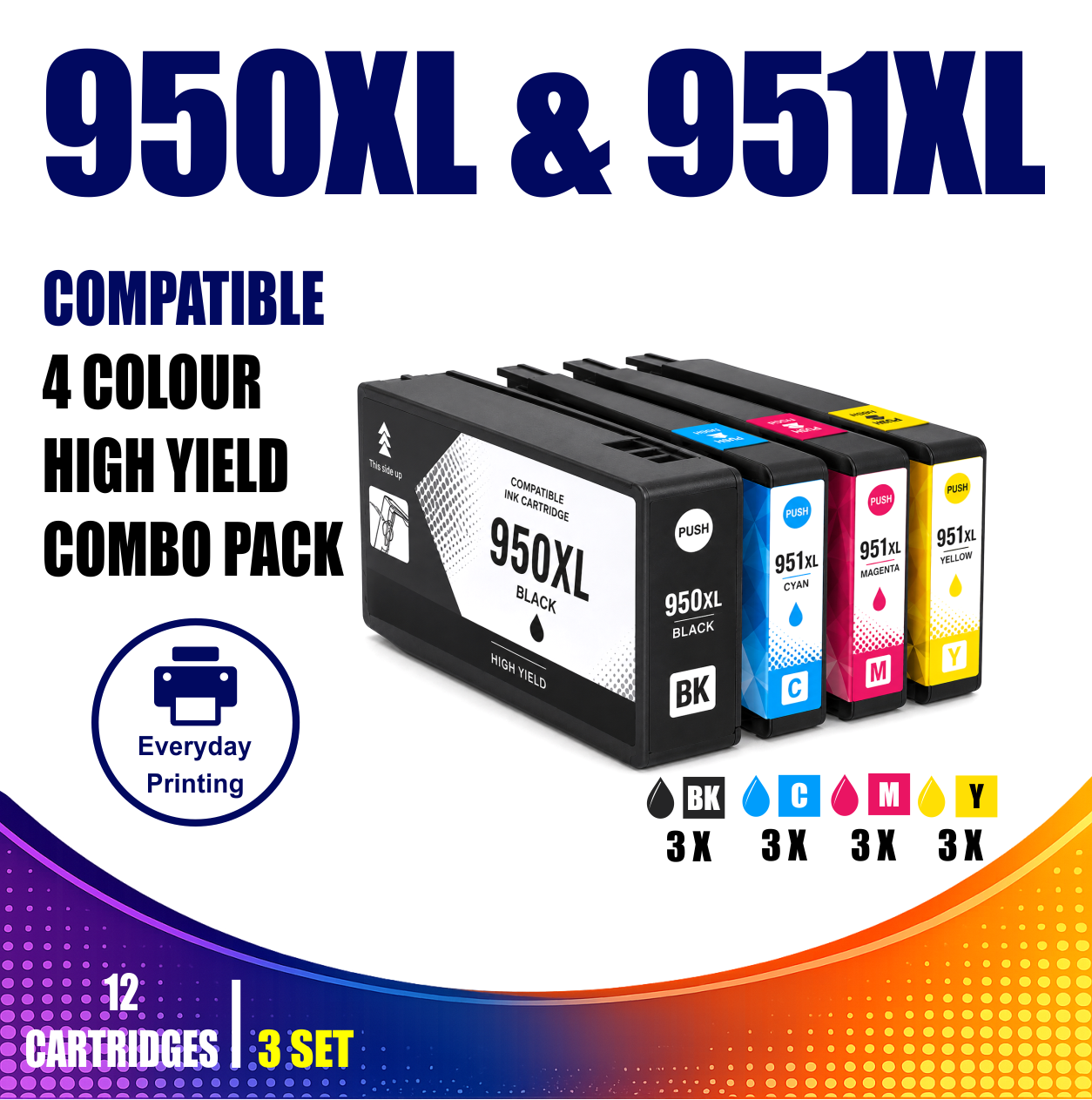 HP 950XL & 951XL Compatible 4 Colour Value Pack – 3 Pack Bundle (12 Cartridges) HP 950XL & 951XL Compatible 4 Colour Value Pack – 3 Pack Bundle (12 Cartridges)